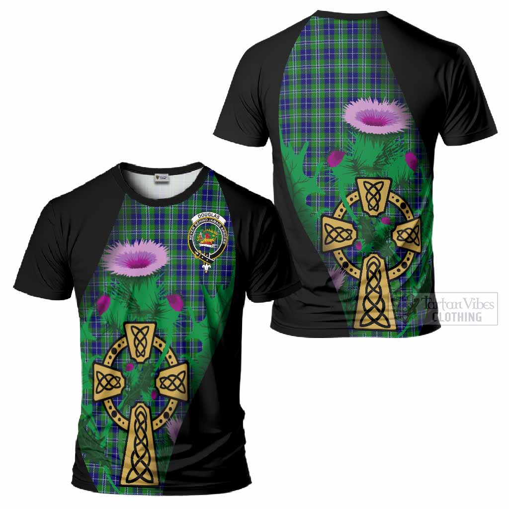 Douglas Tartan Crest T-Shirt Celtic Cross Thistle Flowers