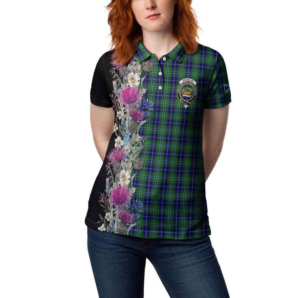 Douglas Tartan Crest Thistle Floral Women Polo Shirt
