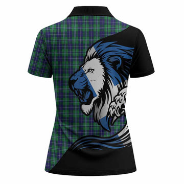 Douglas Tartan Crest Women Polo Shirt Scottish Golden Lions Wave Flow