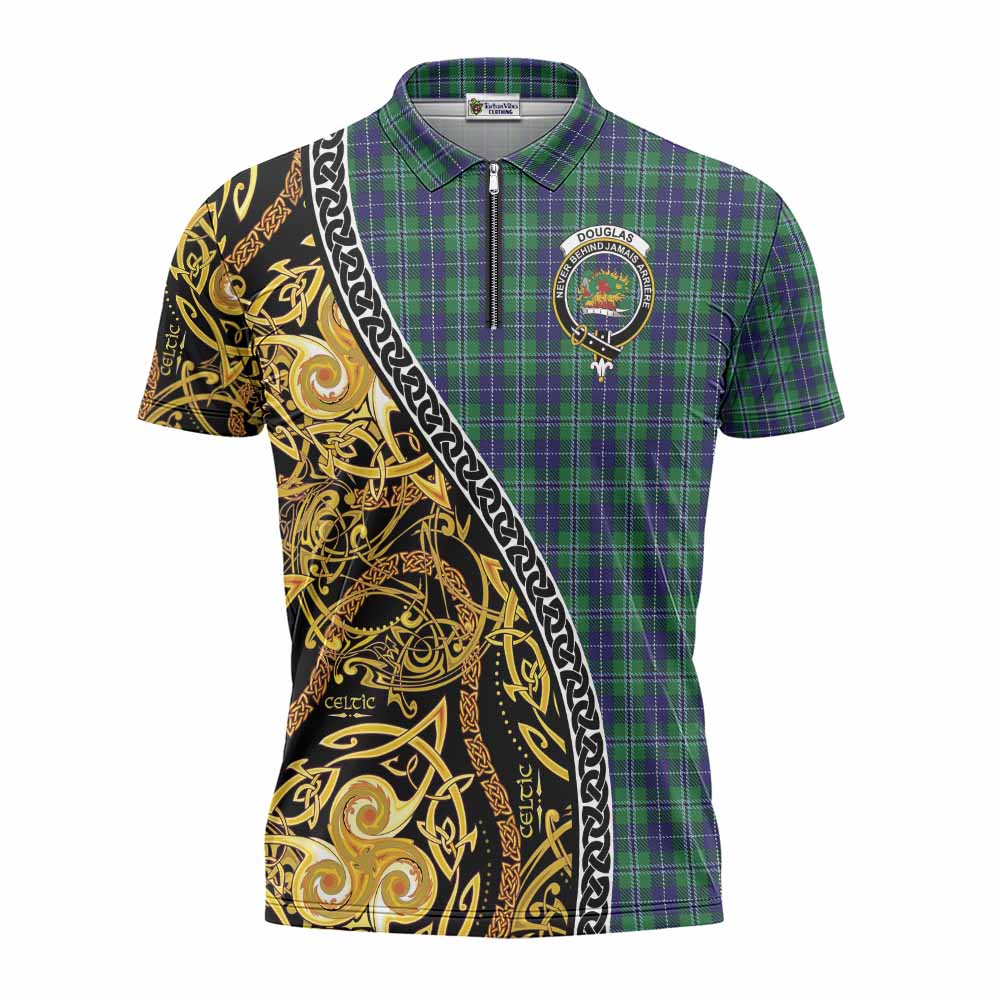Douglas Tartan Crest Zipper Polo Shirt Celtic Knot and Triple Trickle Spiral Symbols