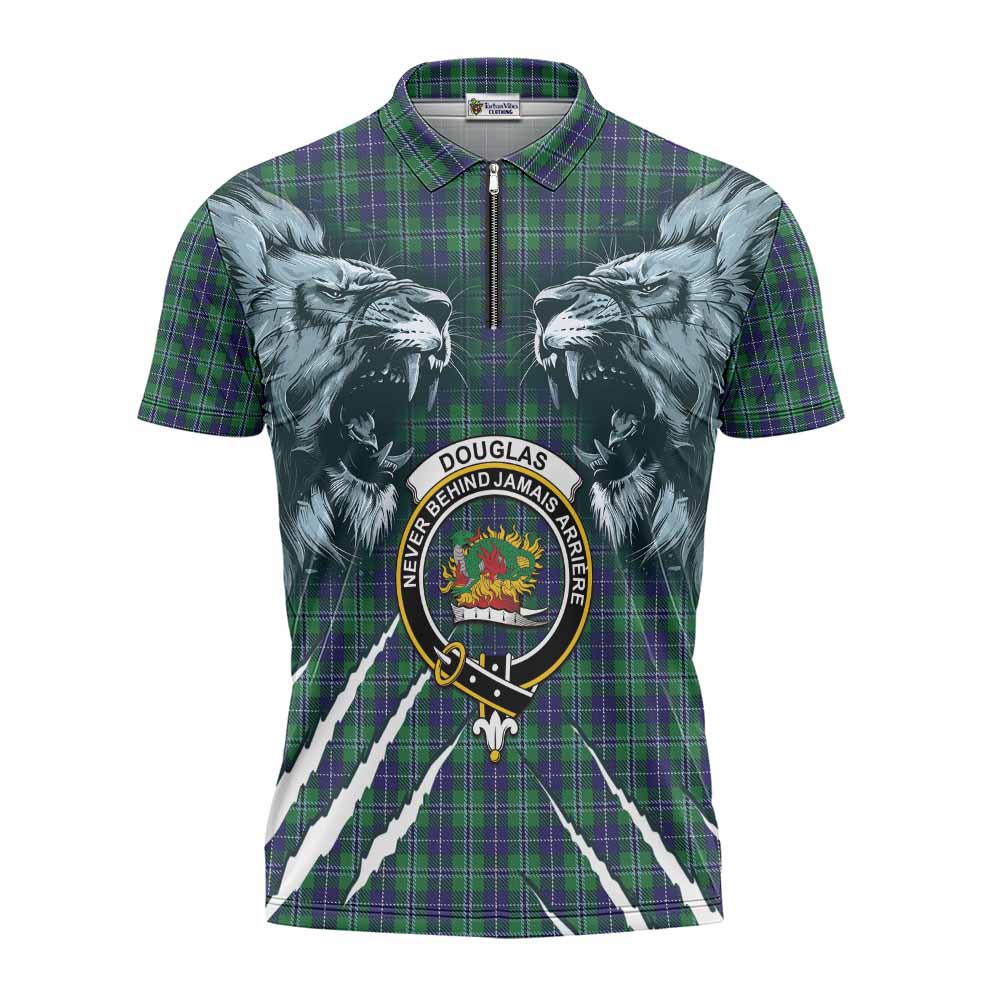 Douglas Tartan Crest Zipper Polo Shirt Ferocious Lion Style