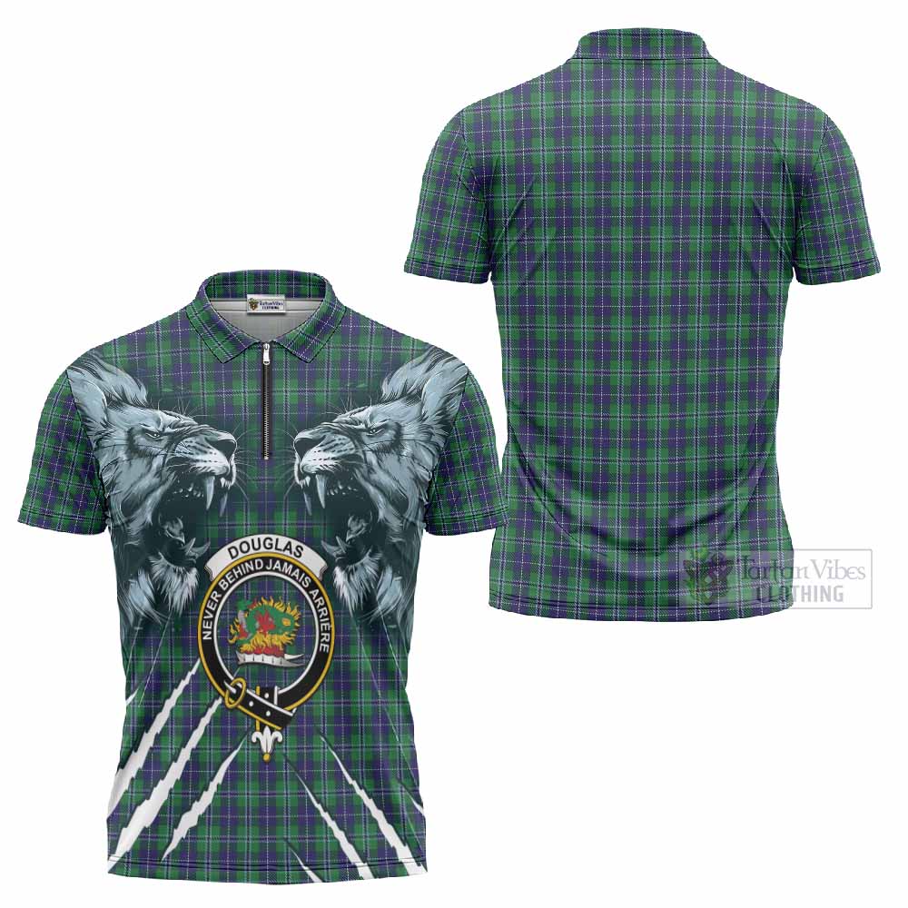Douglas Tartan Crest Zipper Polo Shirt Ferocious Lion Style
