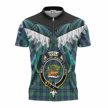 Douglas Tartan Crest Zipper Polo Shirt New Zealand Maori Korowai Cloak