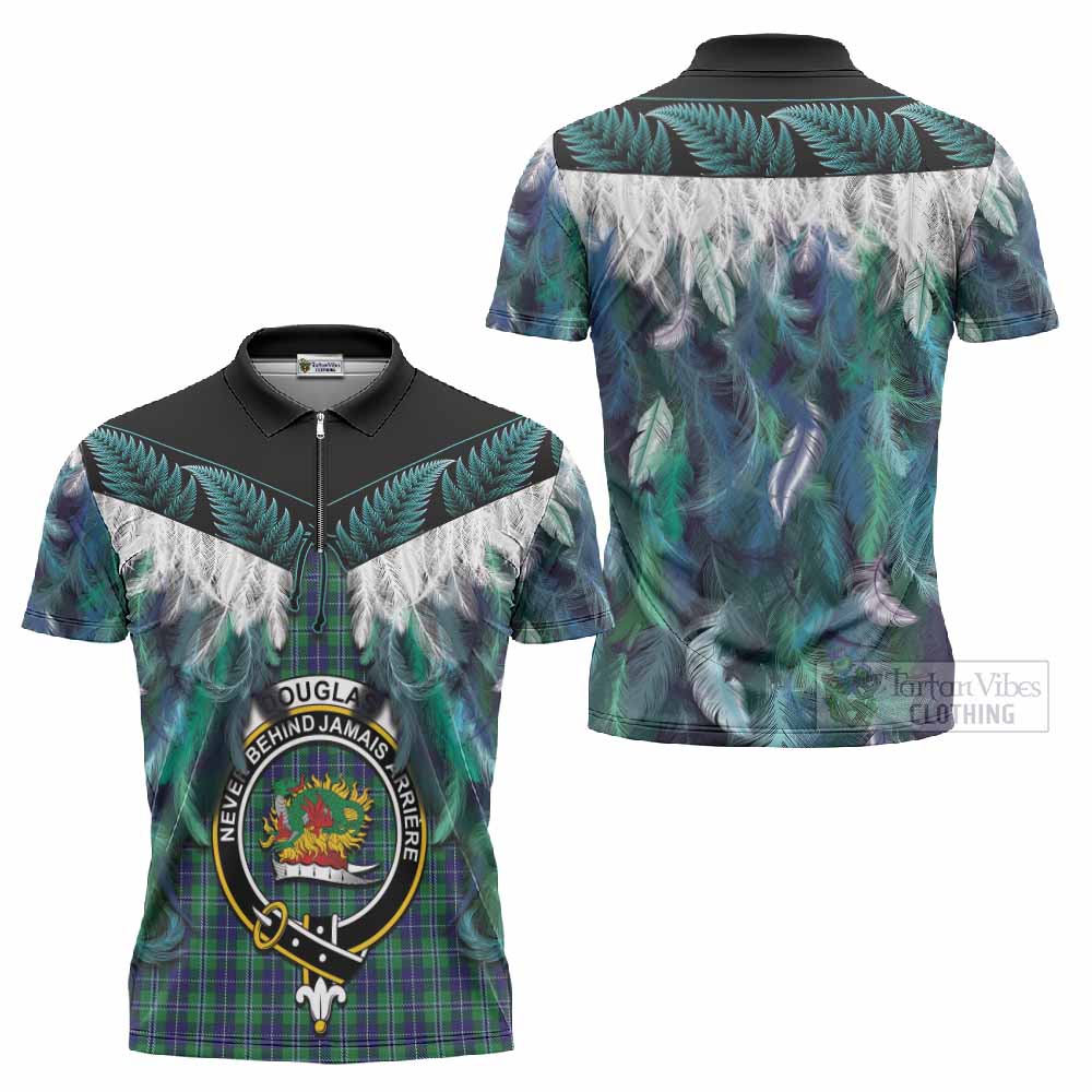 Douglas Tartan Crest Zipper Polo Shirt New Zealand Maori Korowai Cloak
