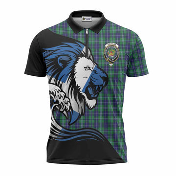 Douglas Tartan Crest Zipper Polo Shirt Scottish Golden Lions Wave Flow