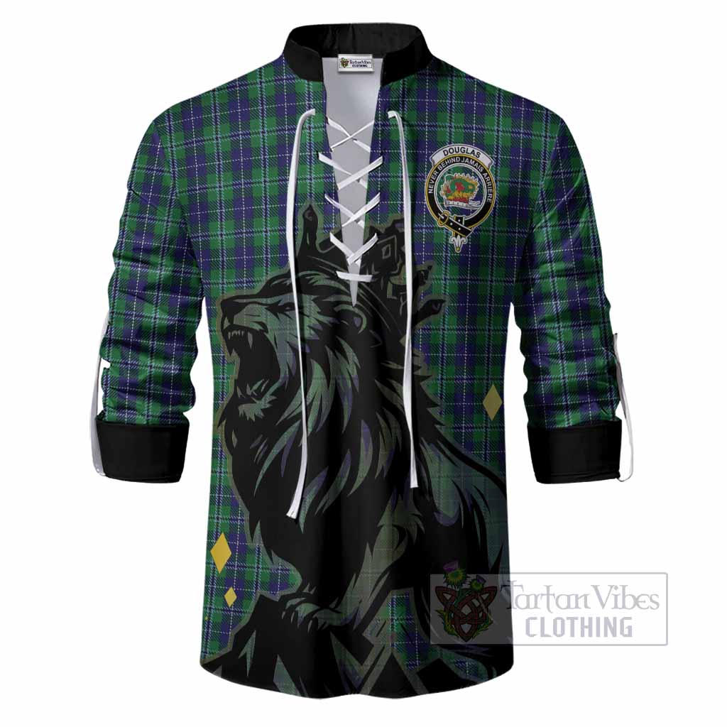 Douglas Tartan Family Crest Ghillie Shirt Crowned Lion Roaring