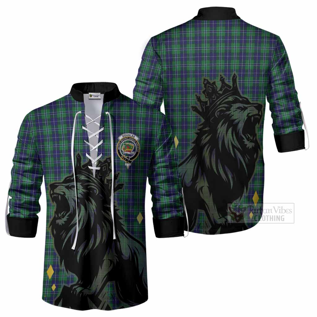 Douglas Tartan Family Crest Ghillie Shirt Crowned Lion Roaring