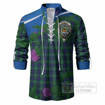 Douglas Tartan Family Crest Ghillie Shirt Thistle in Minimalism