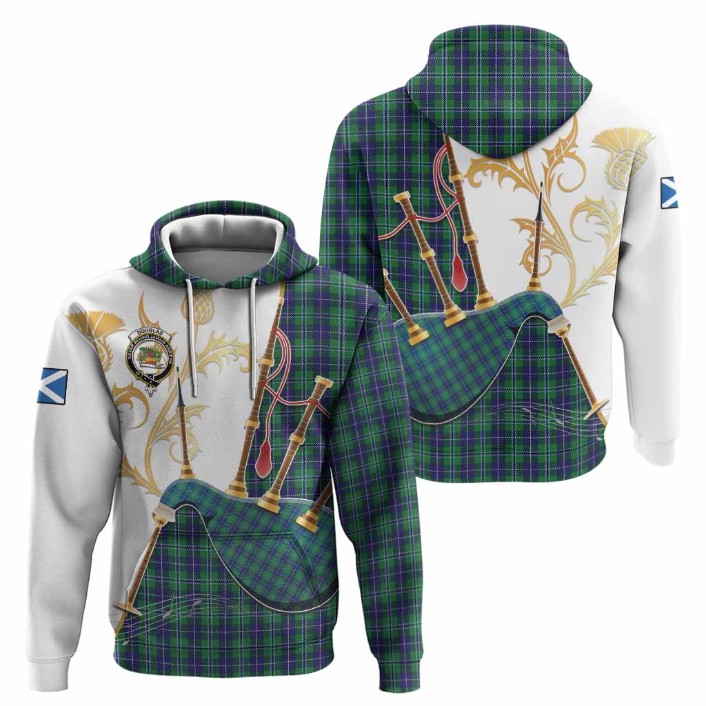 Douglas Tartan Family Crest Hoodie Bagpipes with Scottish Thistle