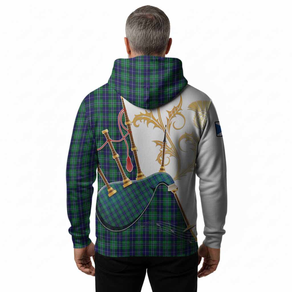 Douglas Tartan Family Crest Hoodie Bagpipes with Scottish Thistle