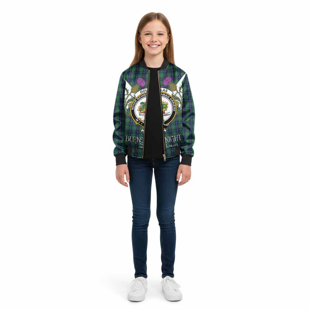 Douglas Tartan Family Crest Kid Bomber Jacket Scottish Burns Night Thistle Floral