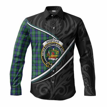 Douglas Tartan Family Crest Long Sleeve Button Shirts Celtic Scottish Thistle Floral