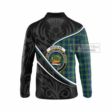 Douglas Tartan Family Crest Long Sleeve Polo Shirt Celtic Scottish Thistle Floral