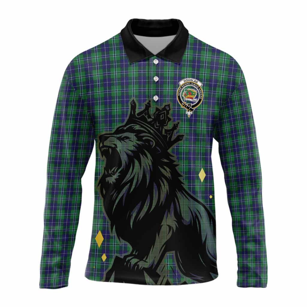 Douglas Tartan Family Crest Long Sleeve Polo Shirt Crowned Lion Roaring