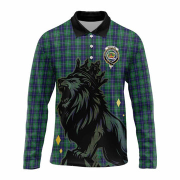 Douglas Tartan Family Crest Long Sleeve Polo Shirt Crowned Lion Roaring