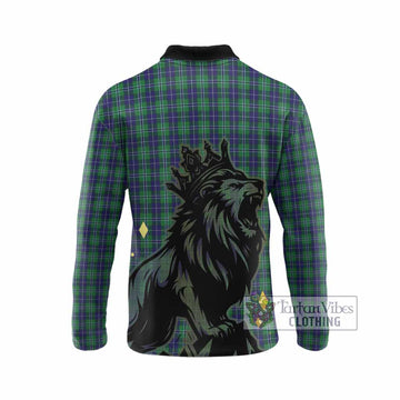 Douglas Tartan Family Crest Long Sleeve Polo Shirt Crowned Lion Roaring