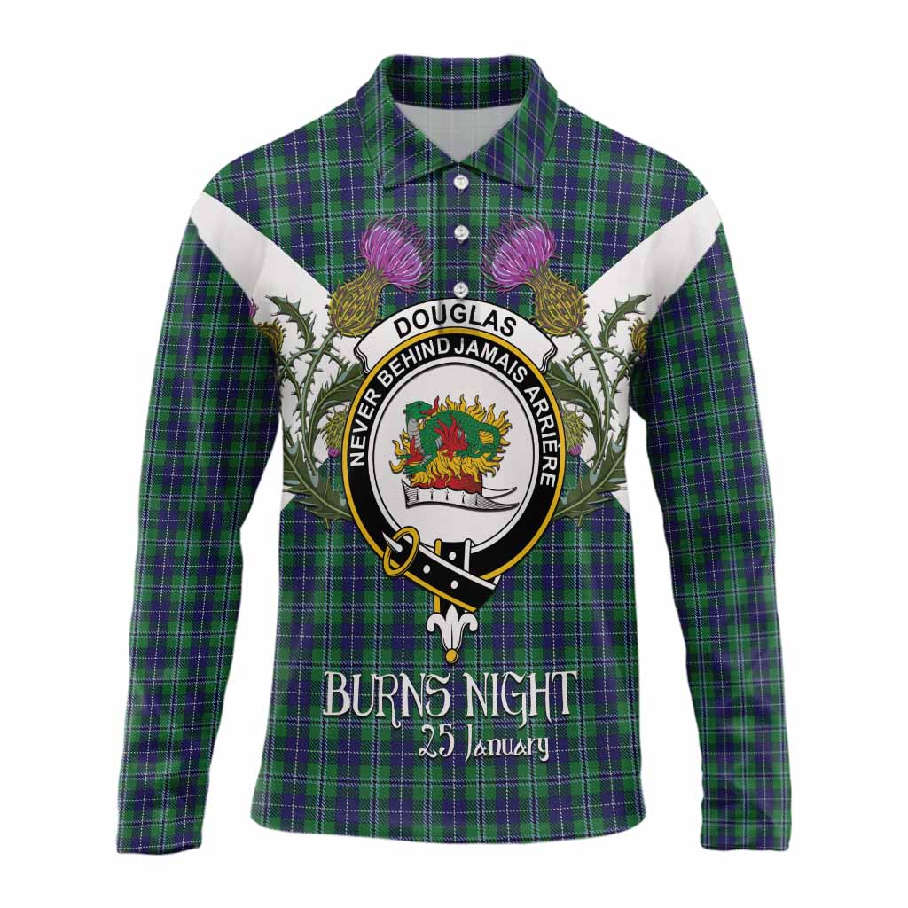 Douglas Tartan Family Crest Long Sleeve Polo Shirt Scottish Burns Night Thistle Floral