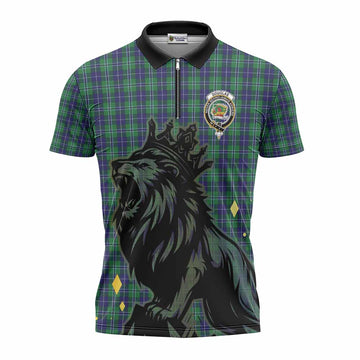 Douglas Tartan Family Crest Zipper Polo Shirt Crowned Lion Roaring