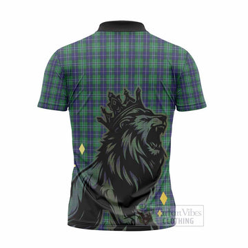 Douglas Tartan Family Crest Zipper Polo Shirt Crowned Lion Roaring