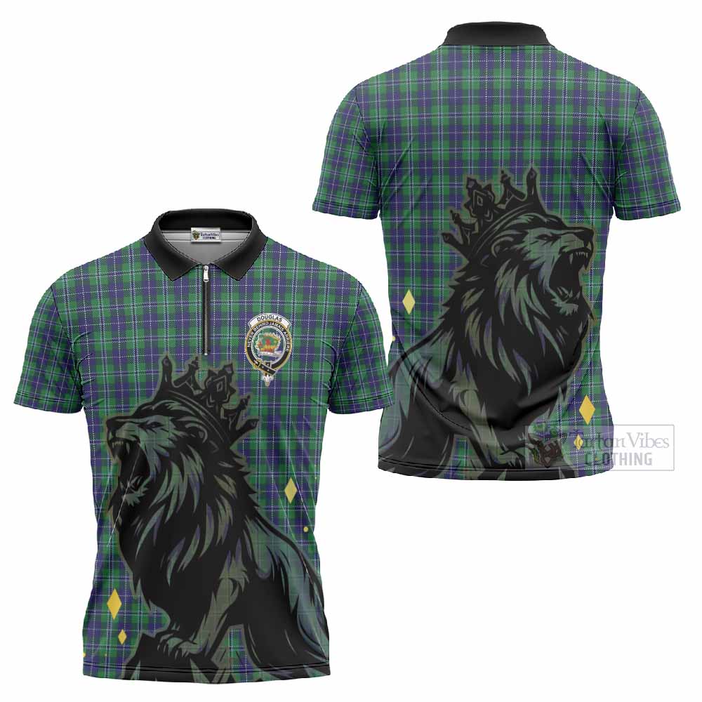 Douglas Tartan Family Crest Zipper Polo Shirt Crowned Lion Roaring