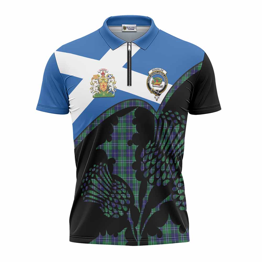 Douglas Tartan Family Crest Zipper Polo Shirt Scotland Thistle Floral Flag Style