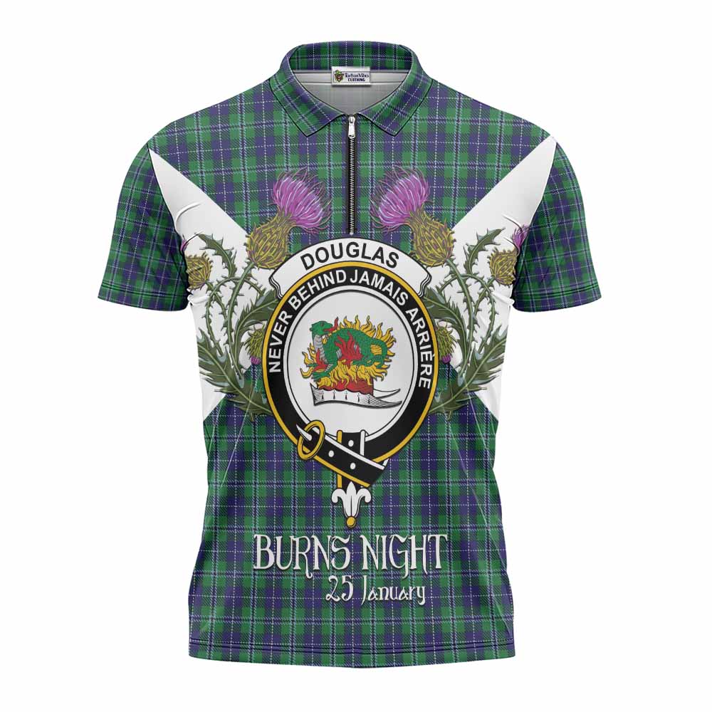 Douglas Tartan Family Crest Zipper Polo Shirt Scottish Burns Night Thistle Floral