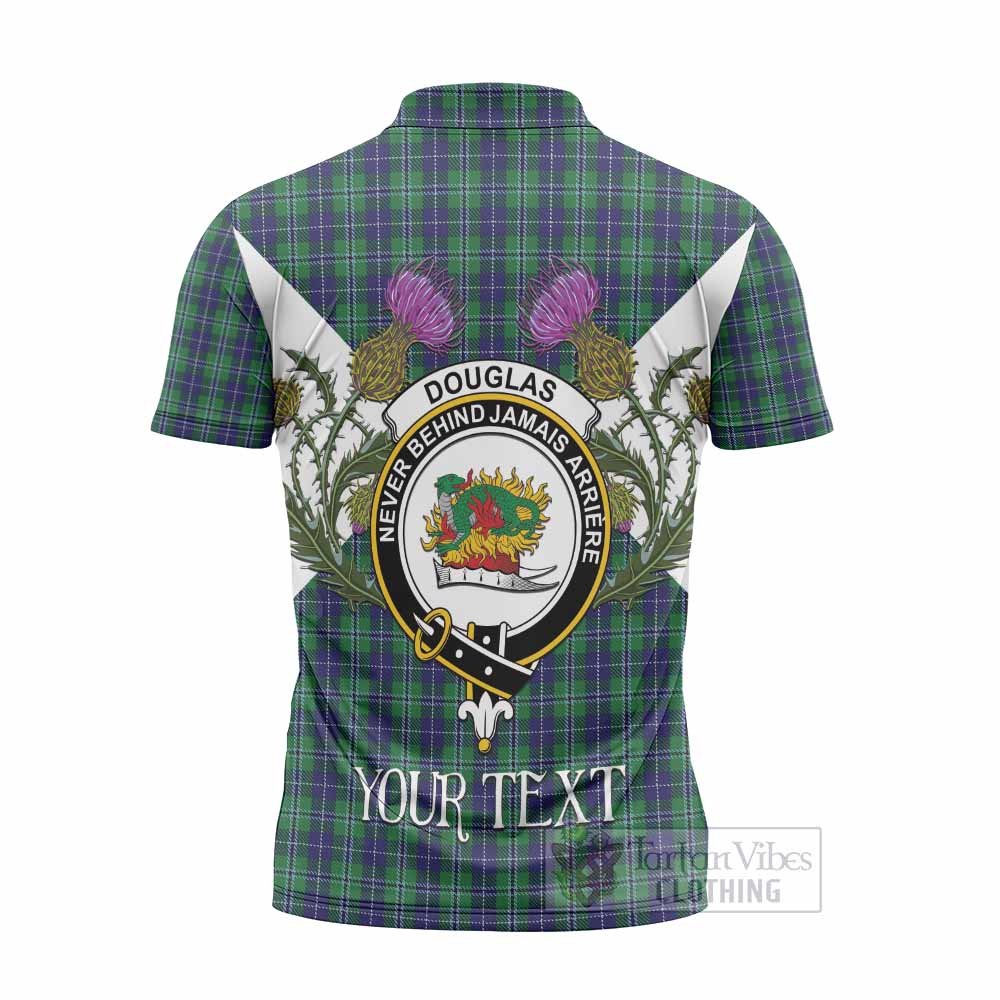 Douglas Tartan Family Crest Zipper Polo Shirt Scottish Burns Night Thistle Floral