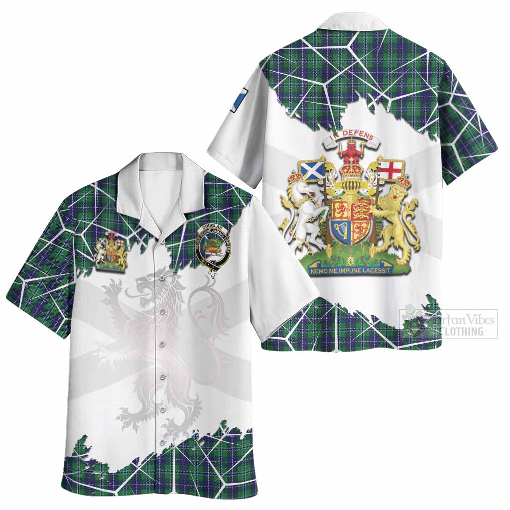 Douglas Tartan Hawaiian Shirt with Family Crest and Lion Rampant Grunge Style