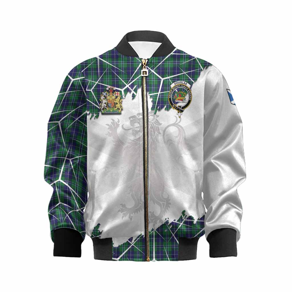 Douglas Tartan Kid Bomber Jacket with Family Crest and Lion Rampant Grunge Style