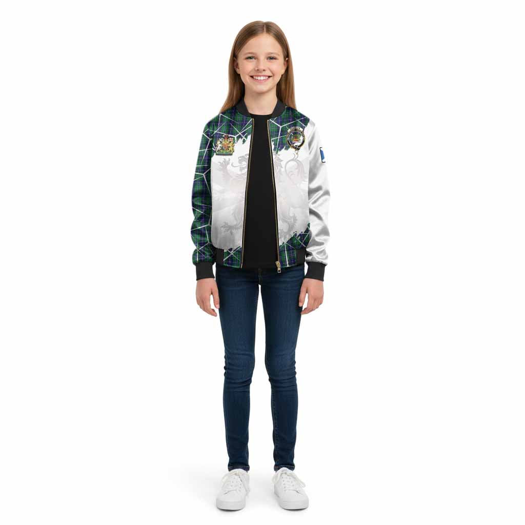 Douglas Tartan Kid Bomber Jacket with Family Crest and Lion Rampant Grunge Style