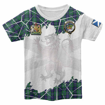 Douglas Tartan Kid T-shirt with Family Crest and Lion Rampant Grunge Style