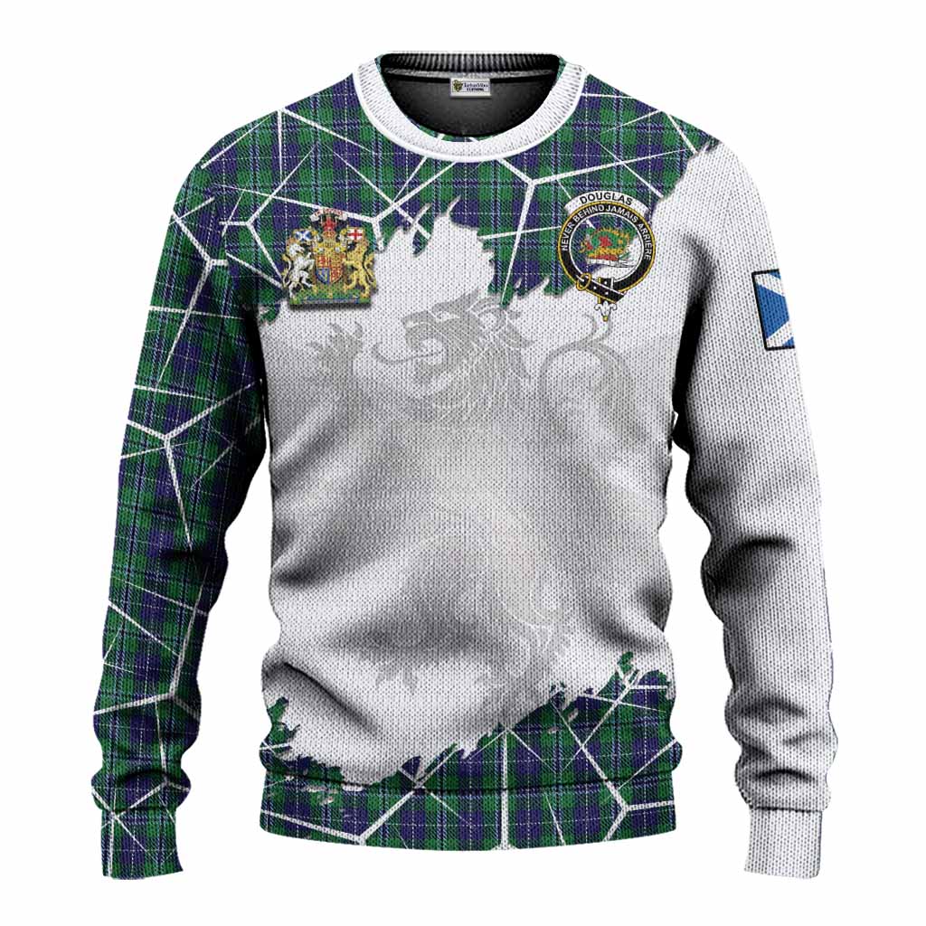 Douglas Tartan Knitted Sweater with Family Crest and Lion Rampant Grunge Style