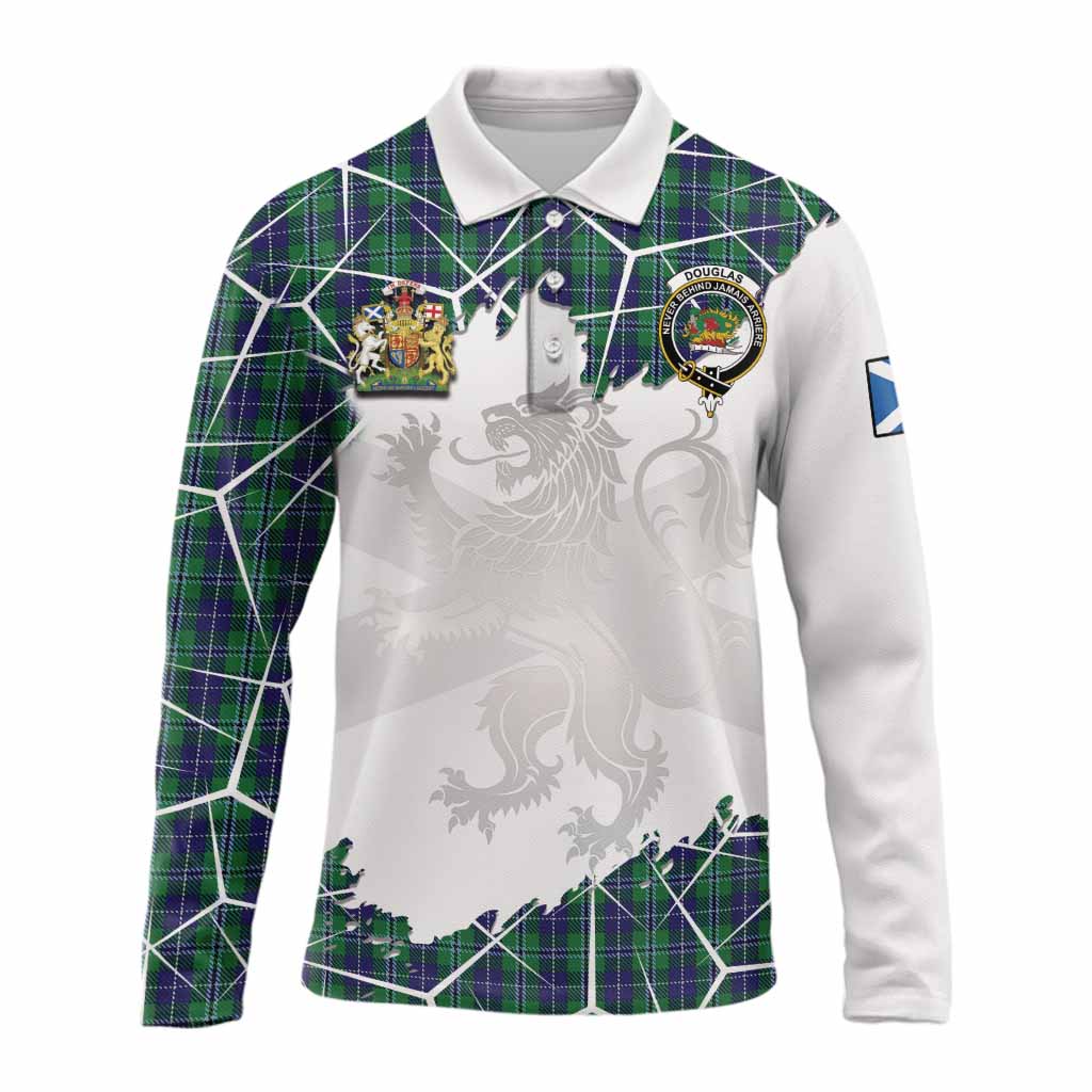 Douglas Tartan Long Sleeve Polo Shirt with Family Crest and Lion Rampant Grunge Style