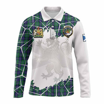 Douglas Tartan Long Sleeve Polo Shirt with Family Crest and Lion Rampant Grunge Style