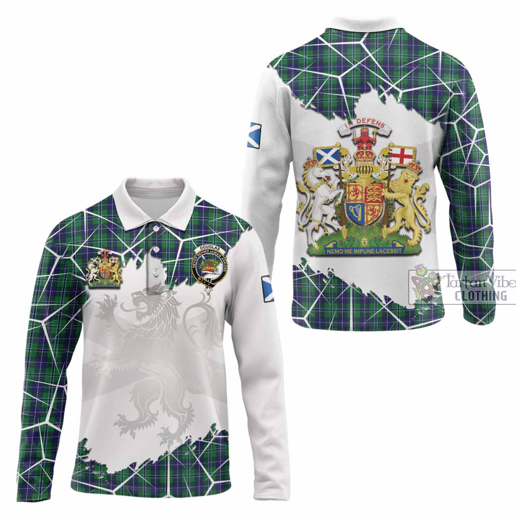 Douglas Tartan Long Sleeve Polo Shirt with Family Crest and Lion Rampant Grunge Style