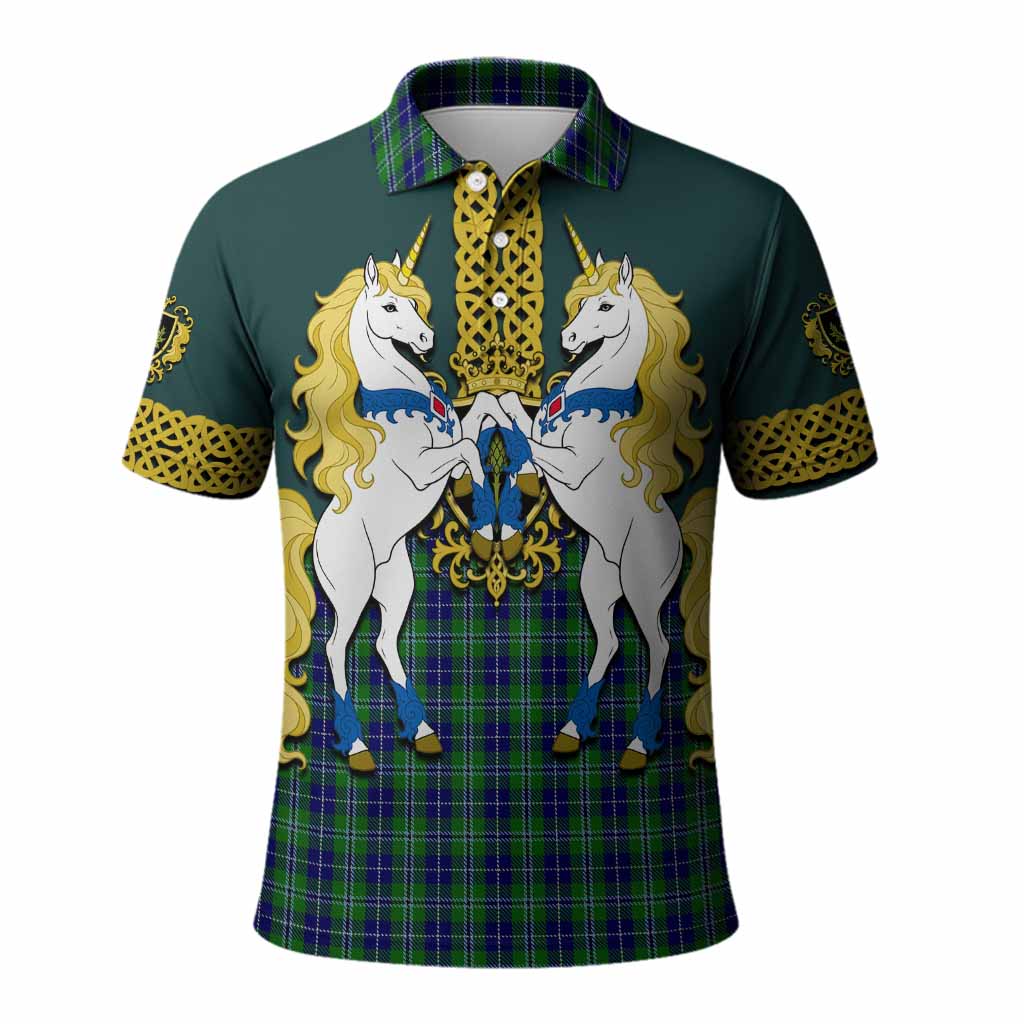 Douglas Tartan Polo Shirt Unicorn Celtic Knot And Thistle Emblem