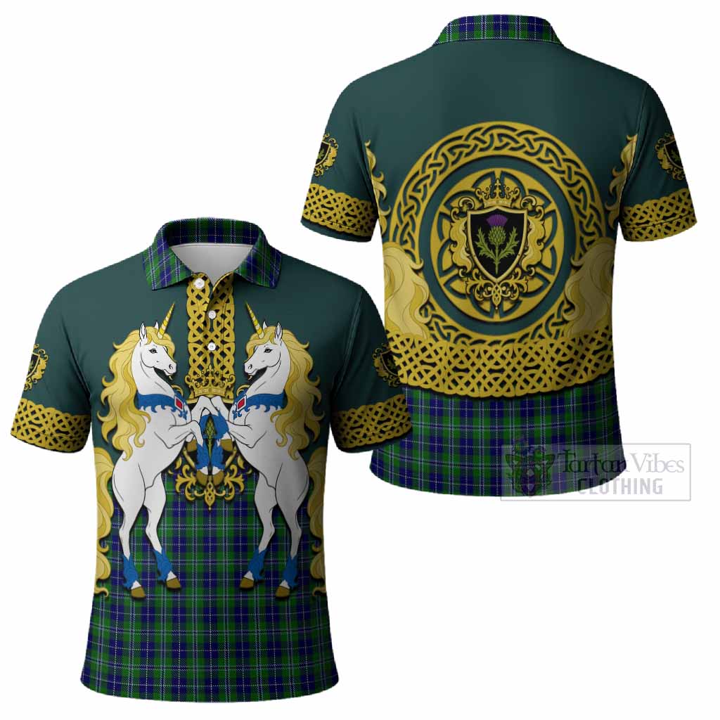 Douglas Tartan Polo Shirt Unicorn Celtic Knot And Thistle Emblem