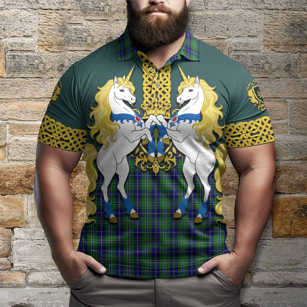 Douglas Tartan Polo Shirt Unicorn Celtic Knot And Thistle Emblem