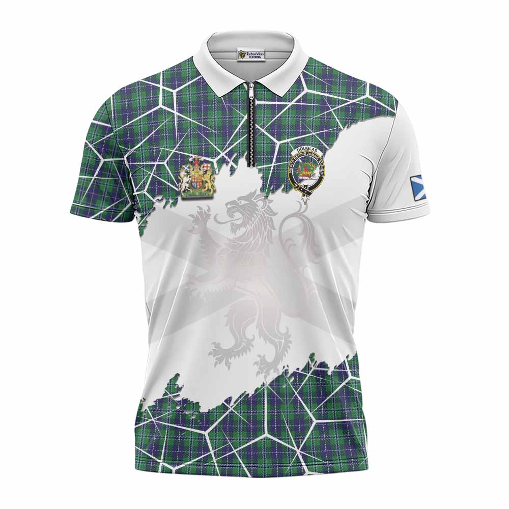 Douglas Tartan Zipper Polo Shirt with Family Crest and Lion Rampant Grunge Style