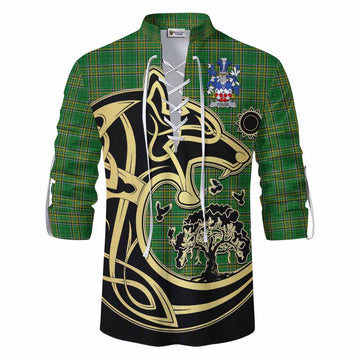 Tartan Vibes Clothing Douse Irish Tartan Ghillie Kilt Shirt with Coat of Arms Celtic Wolf Style