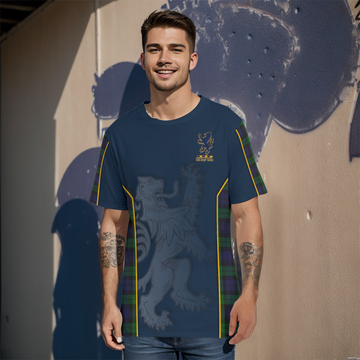 (Customer's Request) Black Watch Tartan 190GSM Cotton Men's T-Shirt with Lion Rampant Vibes Sport Style