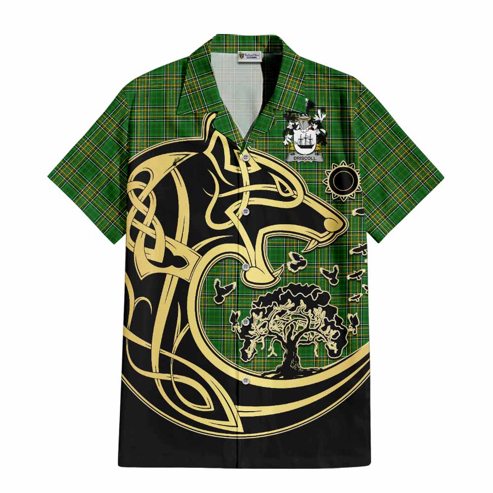 Tartan Vibes Clothing Driscoll Irish Tartan Short Sleeve Button Shirt with Coat of Arms Celtic Wolf Style