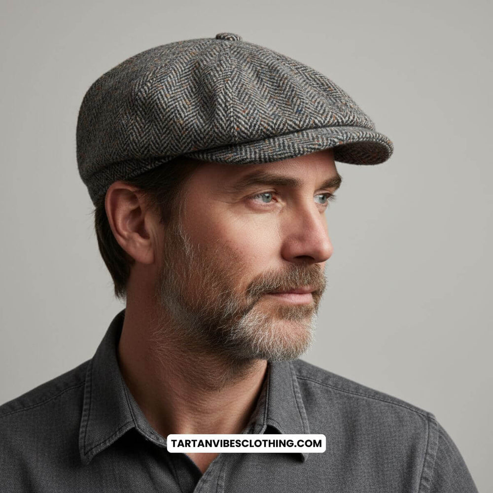 Man wearing a grey herringbone driver cap looking to the side