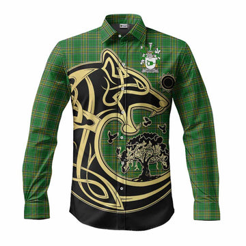 Droney Irish Tartan Long Sleeve Button Shirt with Coat of Arms Celtic Wolf Style Men's Shirt S - Tartan Vibes Clothing