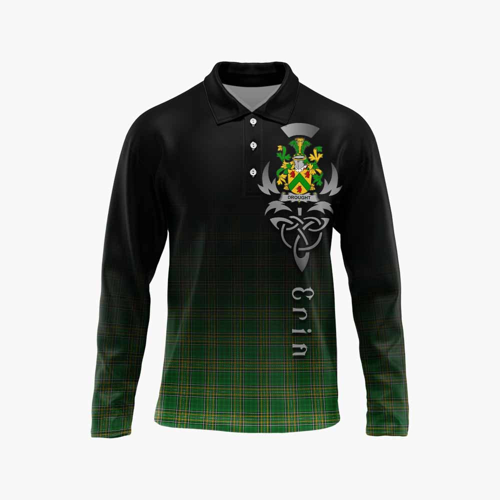 Tartan Vibes Clothing Drought Irish Clan Long Sleeve Polo Shirt with Coat of Arms Erin Go Bragh Celtic Inspired