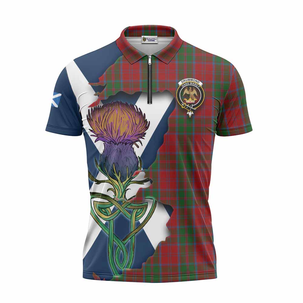 Tartan Vibes Clothing Drummond Tartan Family Crest Zipper Polo Shirt Scottish Thistle Celtic Inspired
