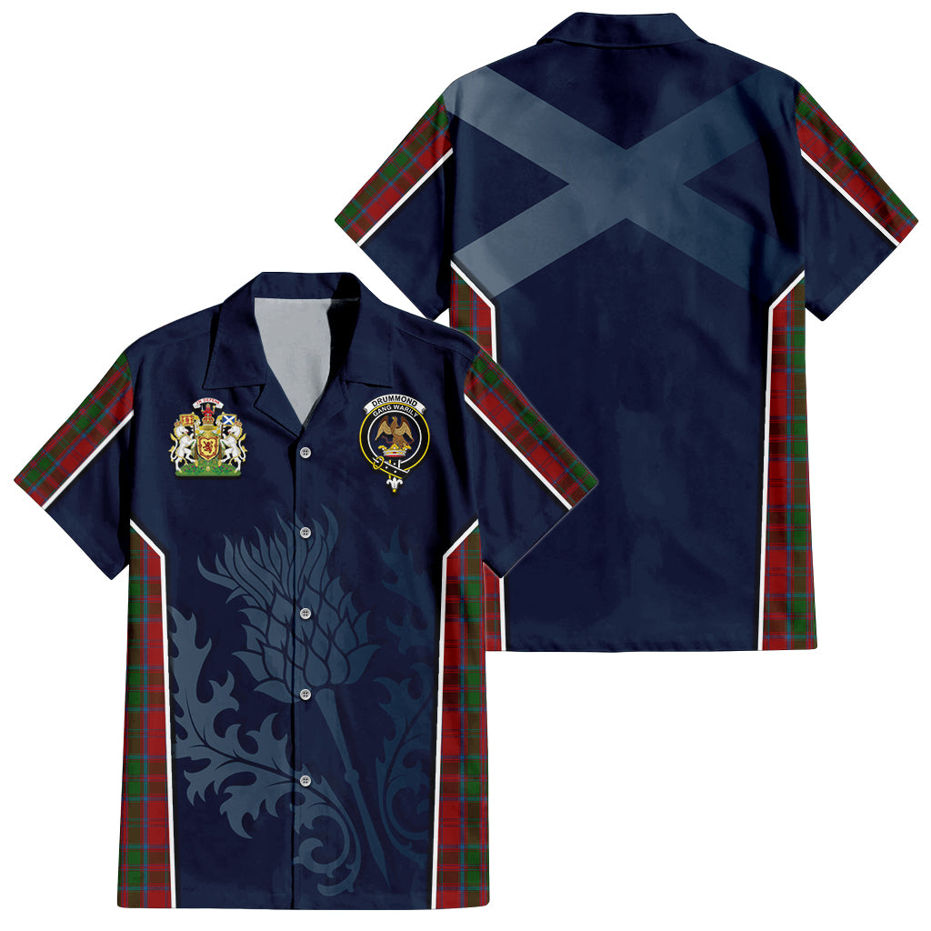 Tartan Vibes Clothing Drummond Tartan Short Sleeve Button Up Shirt with Family Crest and Scottish Thistle Vibes Sport Style