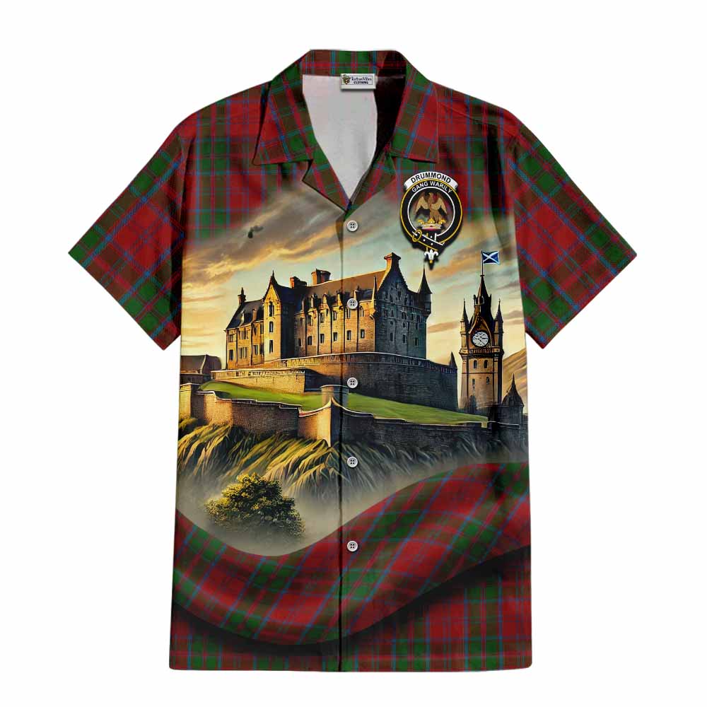 Tartan Vibes Clothing Drummond Tartan Family Crest Short Sleeve Button Shirt with Scottish Ancient Castle Style