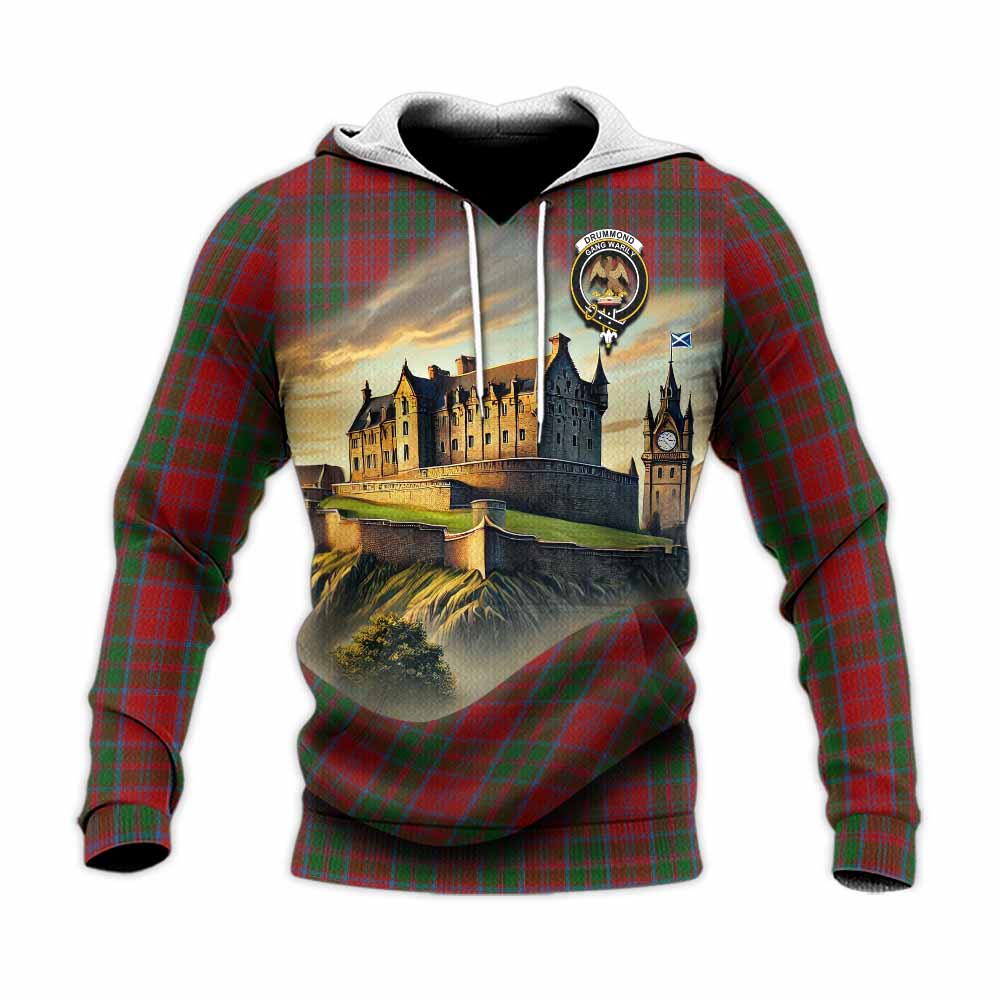 Tartan Vibes Clothing Drummond Tartan Family Crest Knitted Hoodie with Scottish Ancient Castle Style
