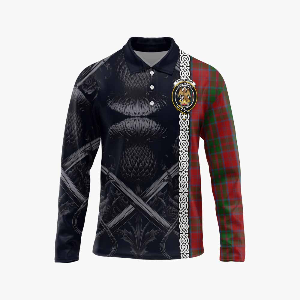 Tartan Vibes Clothing Drummond Tartan Long Sleeve Polo Shirt with Family Crest Cross Sword Thistle Celtic Vibes